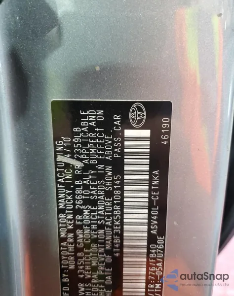 2011 Toyota Camry Base из США, поврежденный, VIN 4T4BF3EK5BR108145